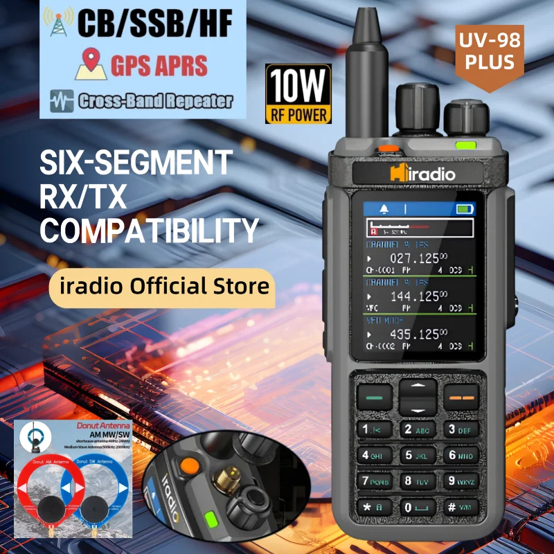 راديو iradio UV-98 GPS APRS ثلاثي الاستعداد AM/CB/SSB HF HAM مع 1024 قناة AM LW MW SW UHF VHF RX TX، هوائي مزدوج