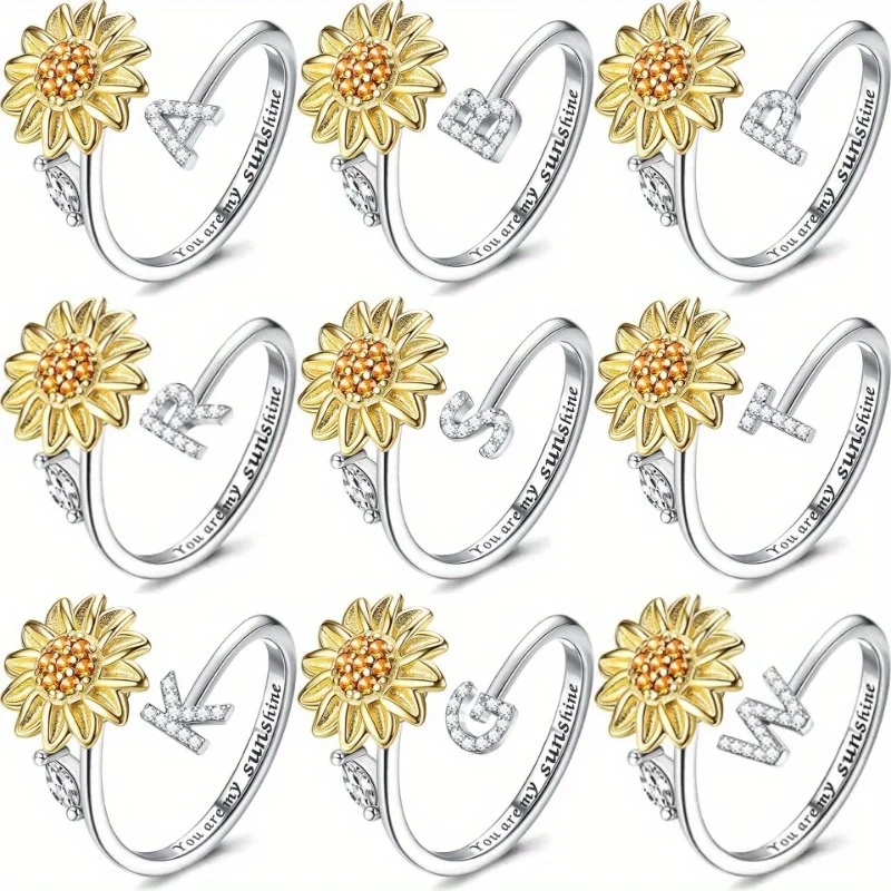 

Sunflower Rotating Ring Female 26 English Letter Sunflower Rotating Decompression Adjustable Ring