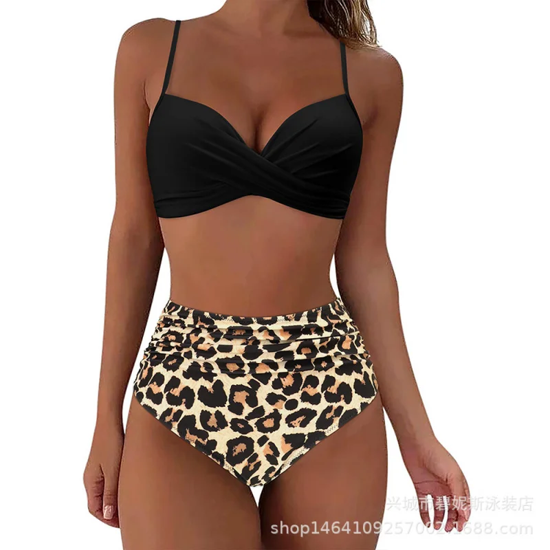 

New swimsuit, two-piece bikini, solid color, cross-tie straps, popular high-waisted swimsuit, sexy