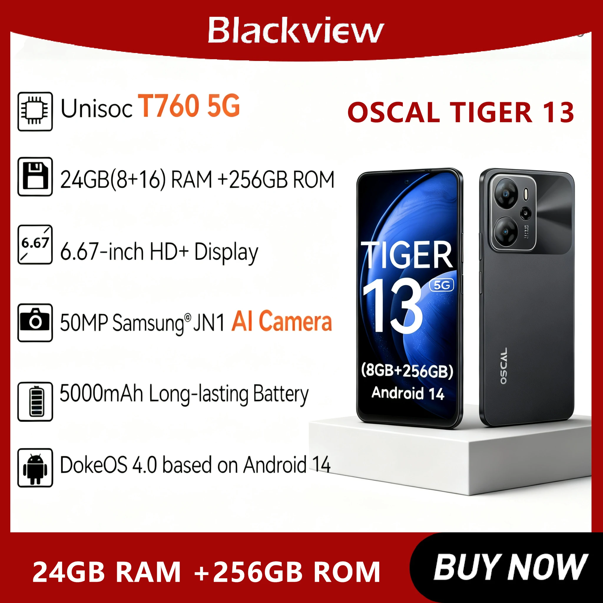 Blackview OSCAL Smartphone, 6.67'' Display, TIGER 13 T760 5G, 24GB(8+16) RAM 256GB ROM, 50MP 5000mAh Android 14