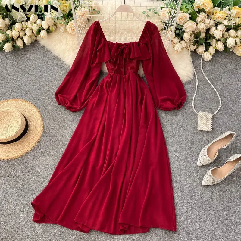 ANSZKTN estilo francés cuello cuadrado Puff manga larga hermoso vestido ahumado gasa Maxi vestidos para mujer señora