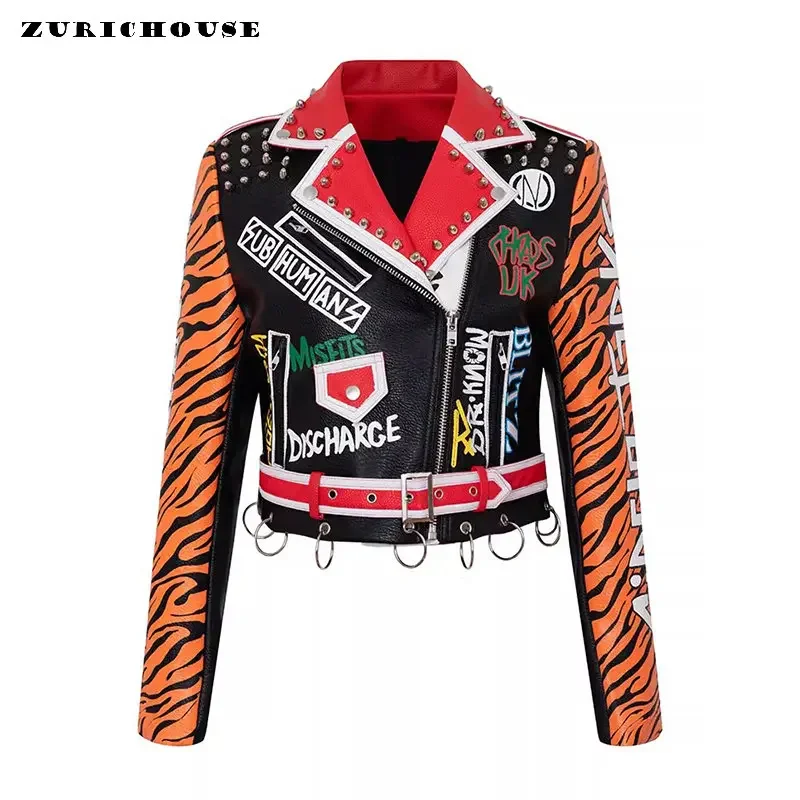 

Contrast Graffiti Print Tiger-head Embroidery Leather Jacket Women 2024 New Streetwear Punk Studded Cropped Motorcycle Jackets