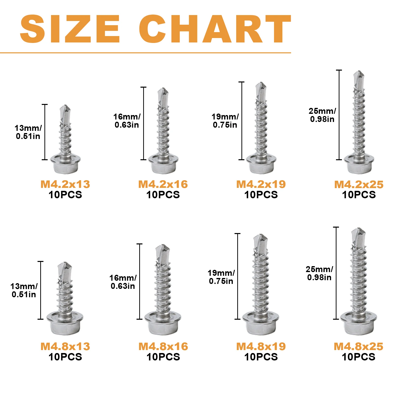 80PCS Tapping Screw Outer Hexagon Washer Head, 410Stainless Steel Plate Tek Screw, With Drilling Point, Outer Hexagon Drive