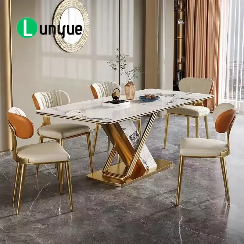 Luxury Marble Top Rectangular Dining Table and Chair Set Stainless Steel Gold Frame Modern Home Kitchen Furniture 4 6 8