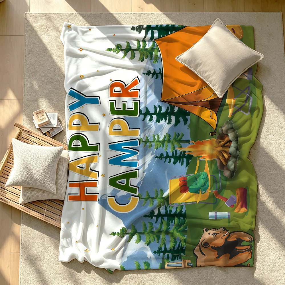 HOT COOL Happy Camper Blanket Soft Warm And Thick Perfect For Bedroom Living Room Bed Sofa Camping Picnic Office Gift