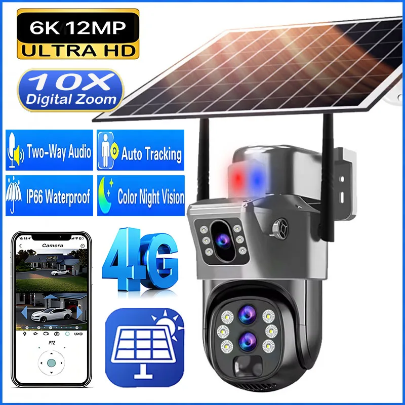 

Solar Camera Outdoor 4G SIM Card 12MP 6K Three Lens 10X Zoom Security Surveillance Cameras Auto Tracking IP PTZ Solar CCTV V380