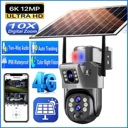 Solar Camera Outdoor 4G SIM Card 12MP 6K Three Lens 10X Zoom Security Surveillance Cameras Auto Tracking IP PTZ Solar CCTV V380
