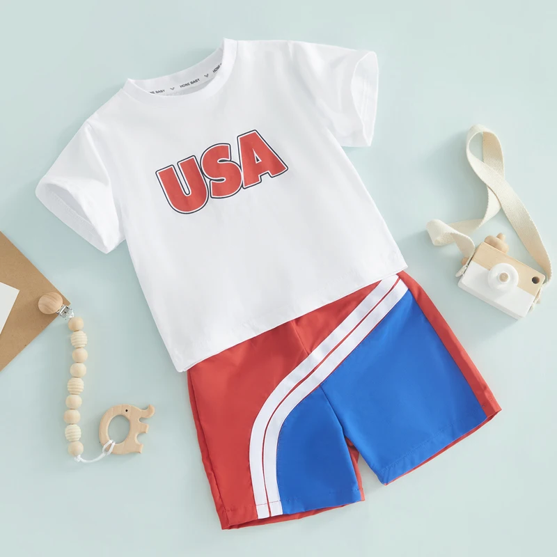 Boys Patriotic Outfit Set with Letter Print T-Shirt and Patchwork Shorts for Independence Day Celebration