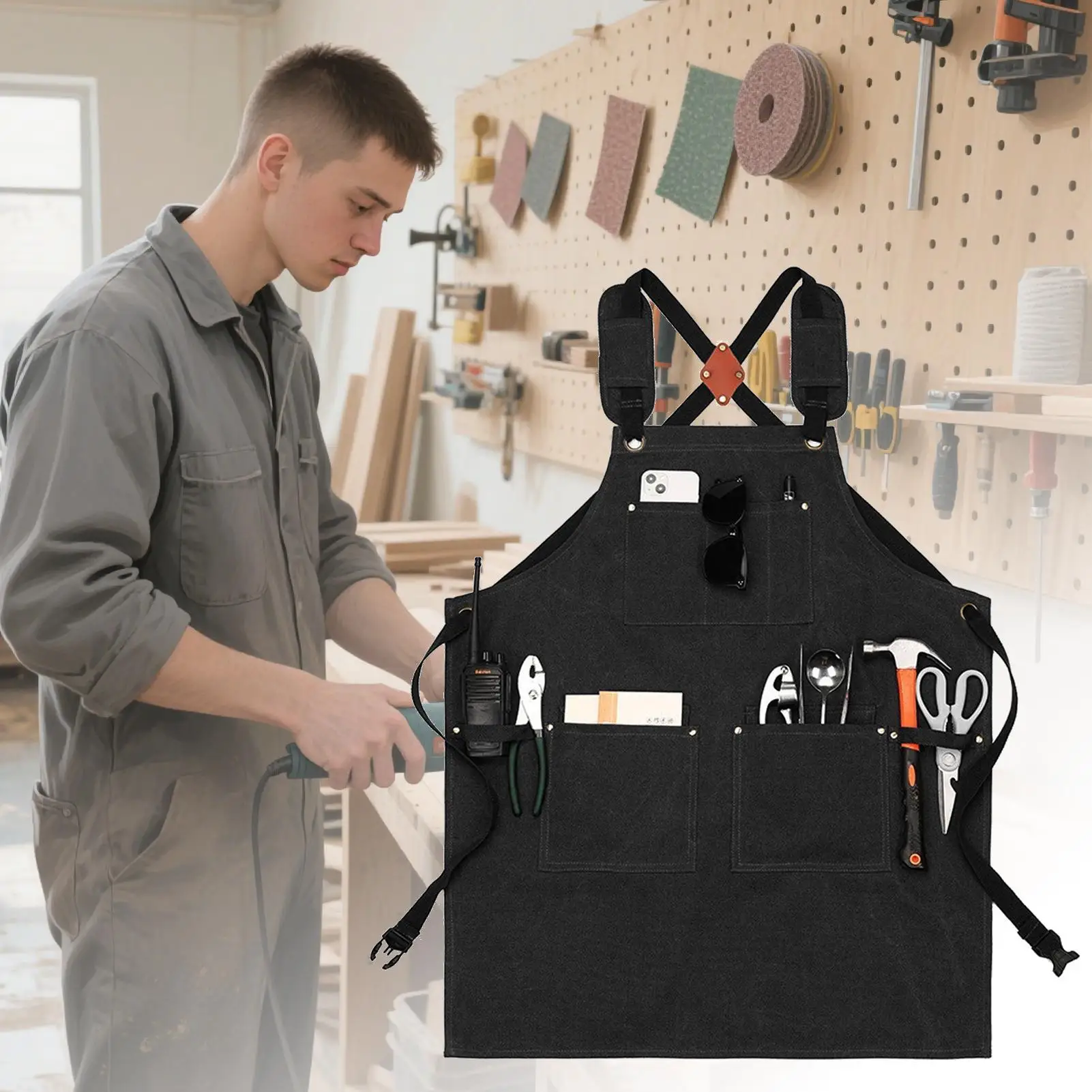 Heavy Duty Waxed Canvas Tool Work Apron Adjustable Tool Kitchen Accessories Waterproof Apron With Cross-Back Straps For Kitchen