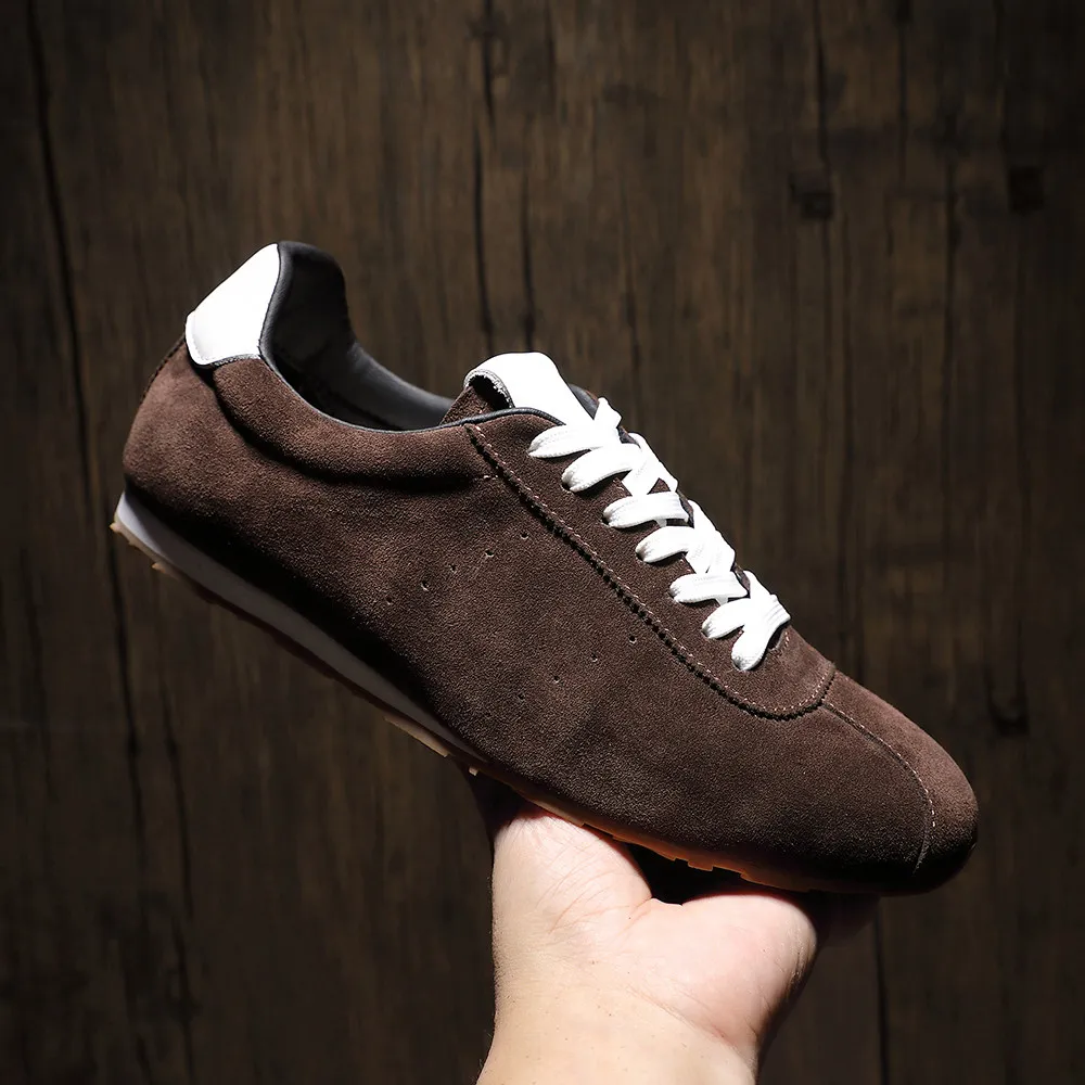 Trendy Men Cow Suede Retro German Trainer Shoes Flat Sole Minimalist Vintage Street‑style Casual Sneakers