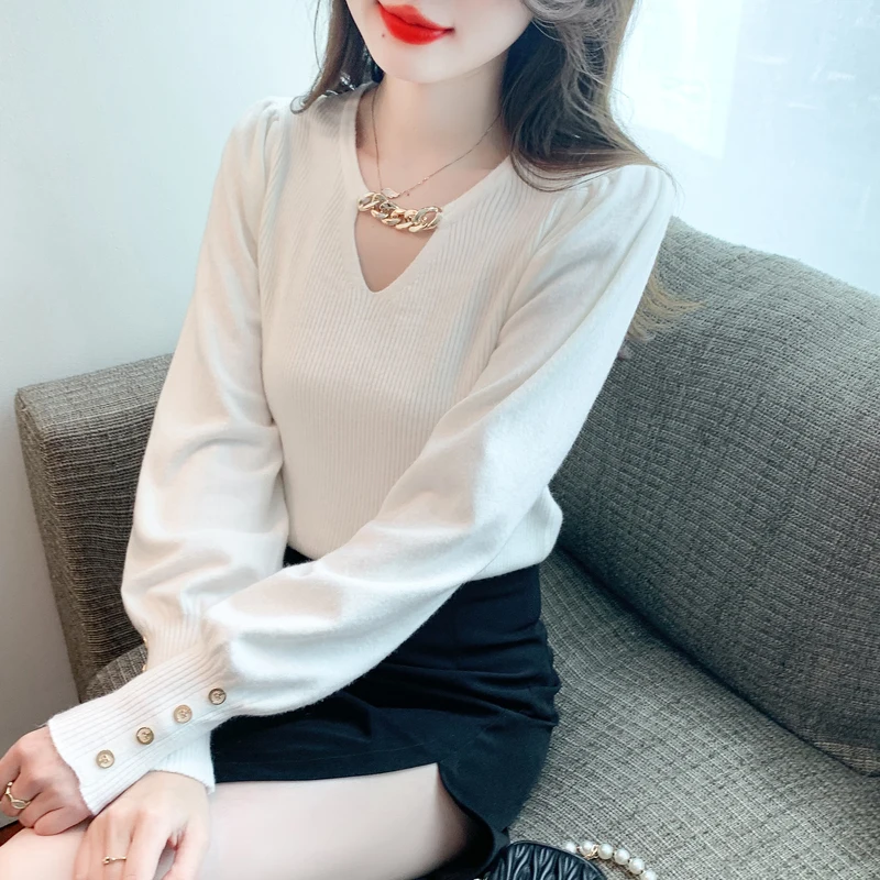 

2023 Autumn/Winter New Bubble Sleeves Slimming Lantern Sleeves Long Sleeve Bottom Knitted Shirt Top Sweater for Women