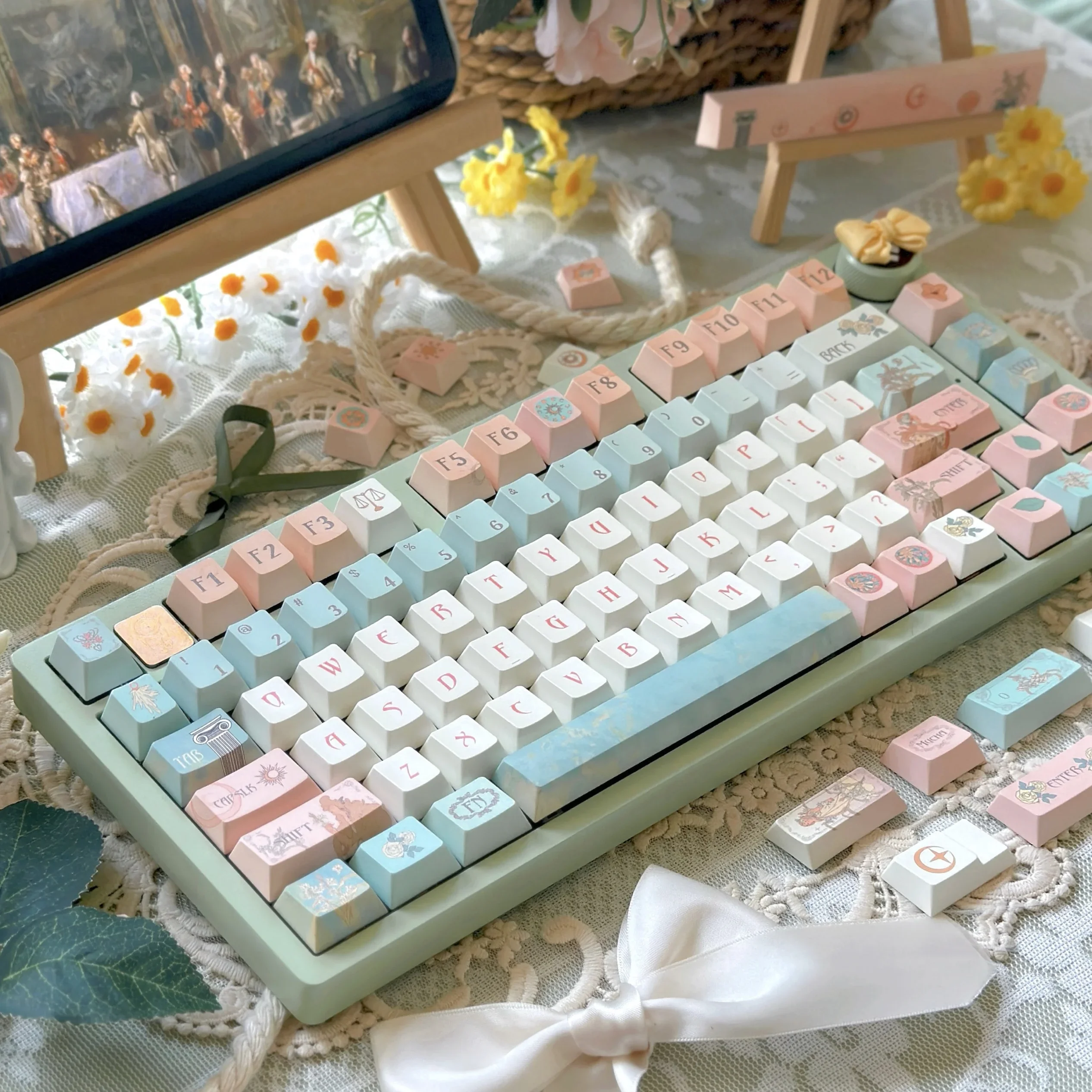 Mucha Theme Eternal Muse Keycaps Five-sided Thermal Sublimation Cherry Profile 131 Keys Pink Cyan French Style Gentle Keycap