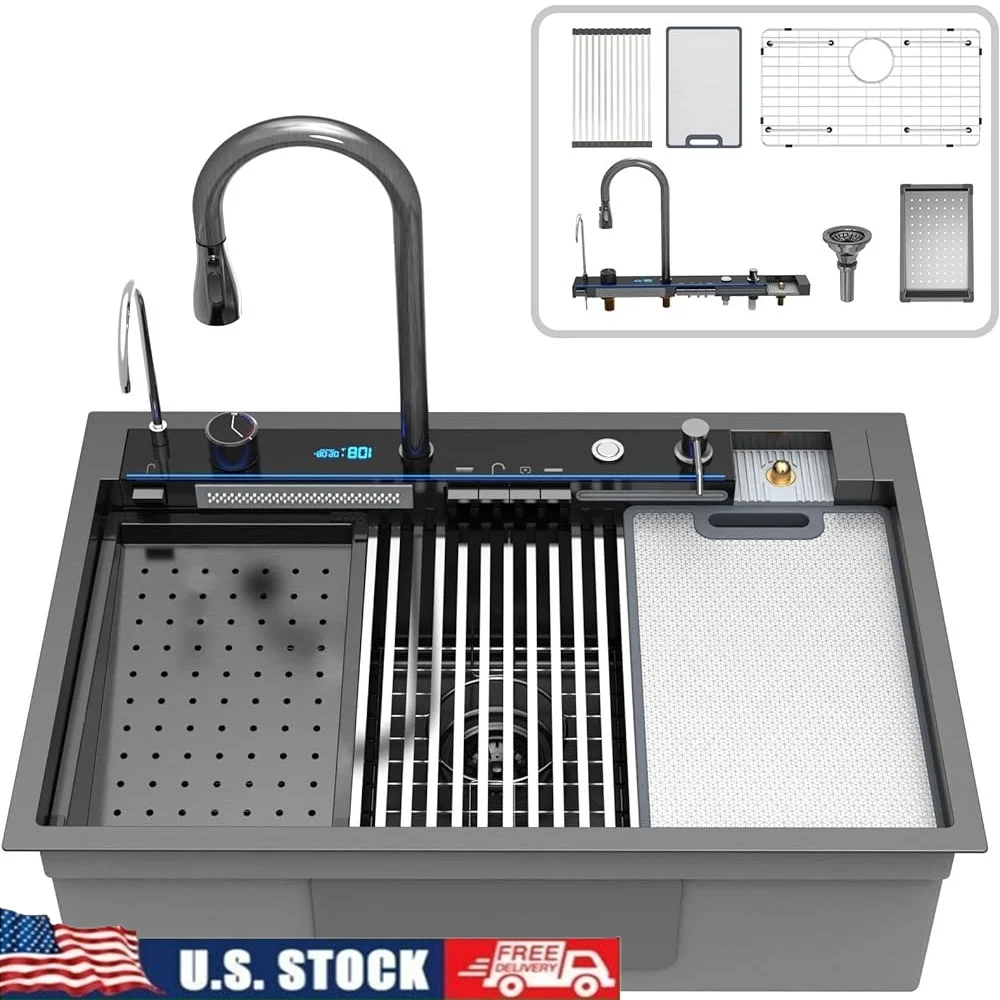 

Multifunctional Waterfall Kitchen Sink Integrated Digital Display Ambient Light Workstation with Pull-Out Faucet and Soap