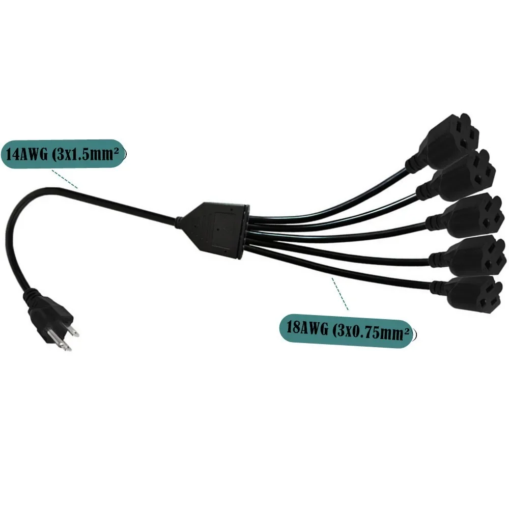 

3 Core 1 To 5 Socket Power Cord Split Indoor Outdoor Cable with Socket Power Extension Cable for Computer LED Stage Lights