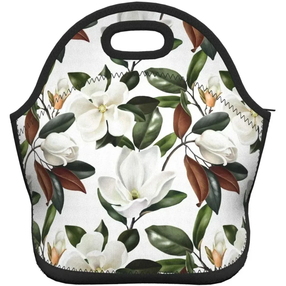 Magnolia Flower Neoprene Lunch Bag Boxs,Durable Thermal Tote Bag Organizer Cooler Bento Bags Lunchbox Handbag