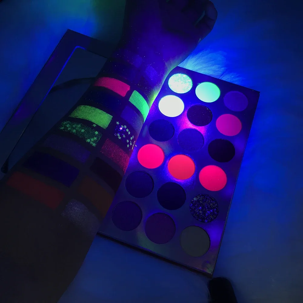 18색 프라이빗 라벨 네온 아이섀도우 커스텀 로고 피그먼트 방수 발광 피그먼트 페이퍼 트레이 팔레트 컬러풀 메이크업 뷰티