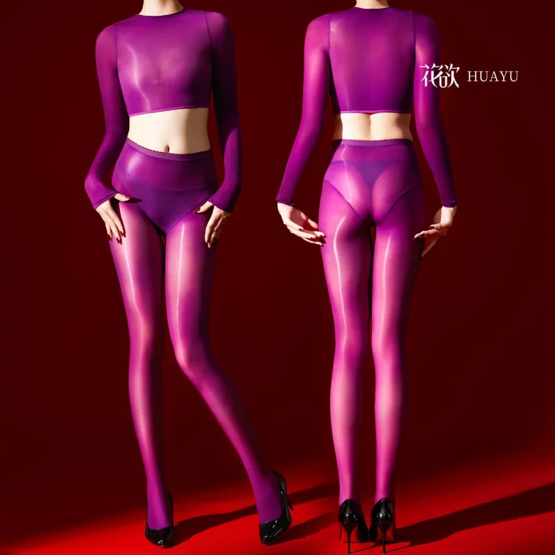 

5D Ultra-Thin Transparent Shiny Two-Piece Bodysuit Silky Sexy Open-Crotch Hot Girl Short Outfit with Pantyhose