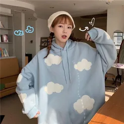 Autumn Winter Women Long Sleeve Casual Pullover Blue Sky White Clouds Soft Hooded Tops Y2k Lady Sweater Jumper Loose Sweatshirt