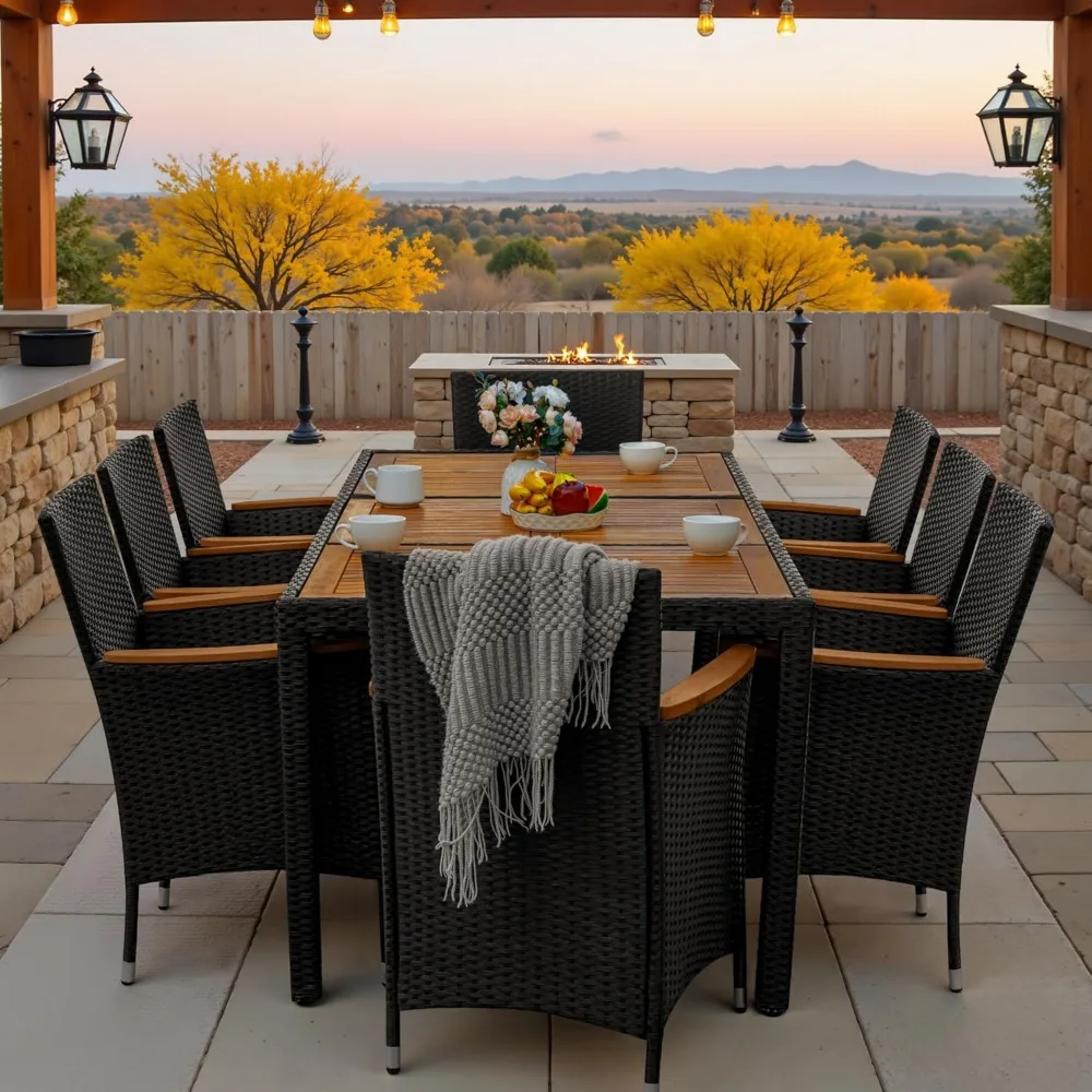 

9 Pieces Outdoor Patio Dining Set, Conversation Sets with 1 Table and 8 Rattan Chairs with Curved Acacia Wooden Armrests and Cu
