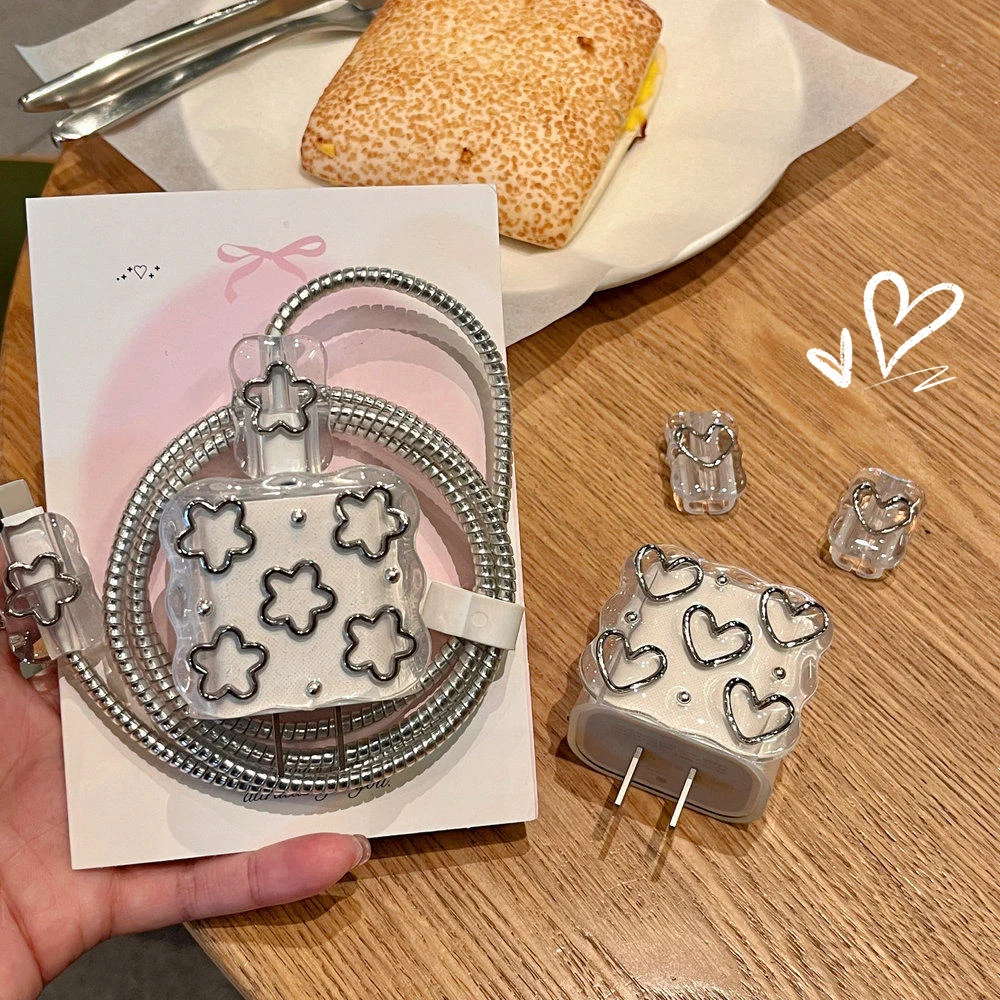 For iPhone 18 17 16 15 14 13 Data Cable Protection Case 18/20W Fast Charge Protector Winder Organizer Cute Stars & Love 18W 20W