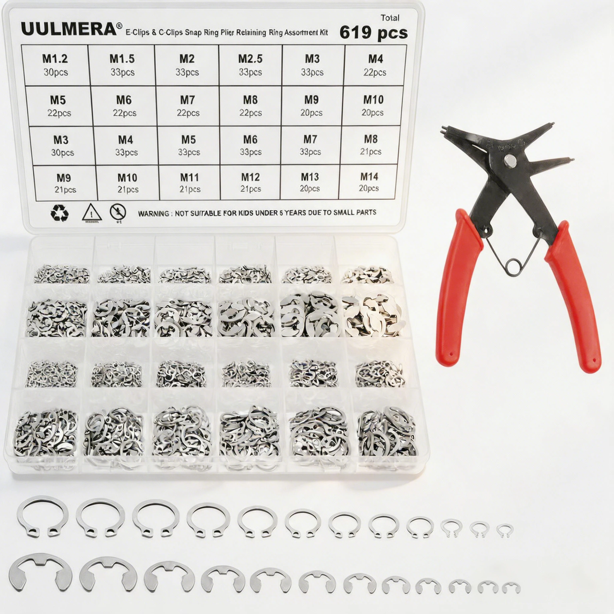 619pcs 304 Stainless Steel C Clip and E-Clips Assortment Kit External Retaining Rings Set Metric Snap Ring for Marine Auto