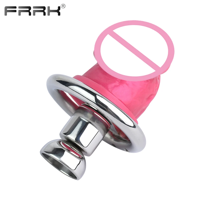 FRRK Negative Chastity Lock with Pink Dildo for Men New Creative Combination Cock Cage Stainless Steel Penis Rings BDSM Sex Toys