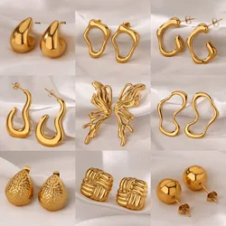 Irregular Butterfly Stainless Steel Stud Earrings for Women Gold Color Cute Wedding Aesthetic Geometric Earring Jewelry Gift BFF