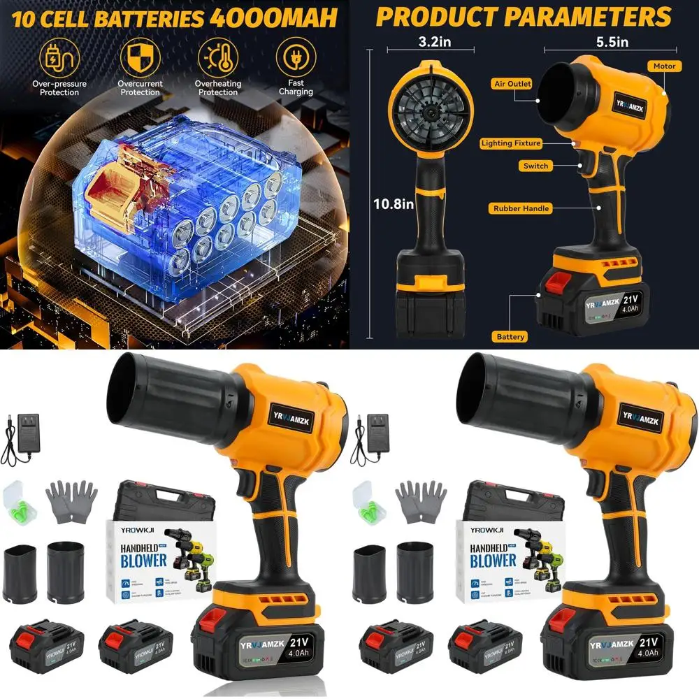 

Беспроводная ручная воздуходувка для листьев, 21 В, с 2 аккумуляторами емкостью 4,0 Ач и зарядным устройством, 980 000 об/мин, идеально подходит для очистки газонов, патио, пыли и листьев.