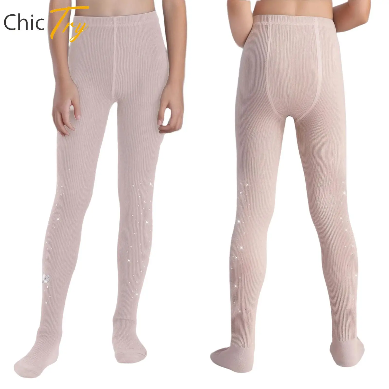 

Children Girls Cute Hearts Rhinestones Figure Skating Ballet Dance Tights Stretchy Ribbed Pantyhose Solid Color Footed Leggings