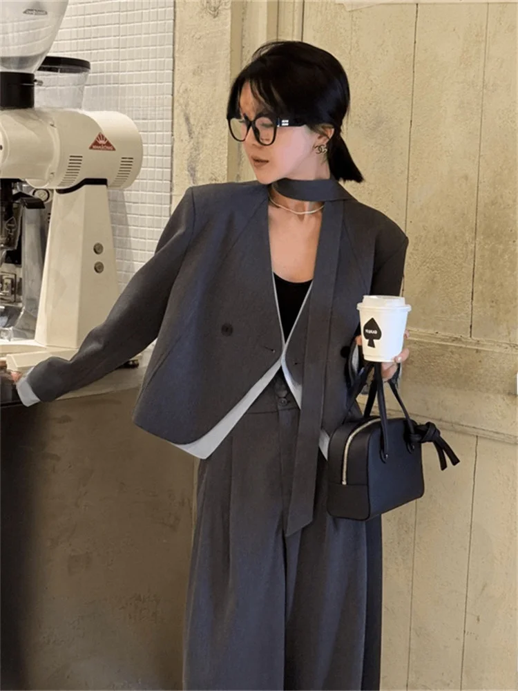 

Elegant Korean Style Women's Suit High Waist Wide Leg Pants Color Block Spring Fashionable Outfit Long Sleeve V Neck Button up
