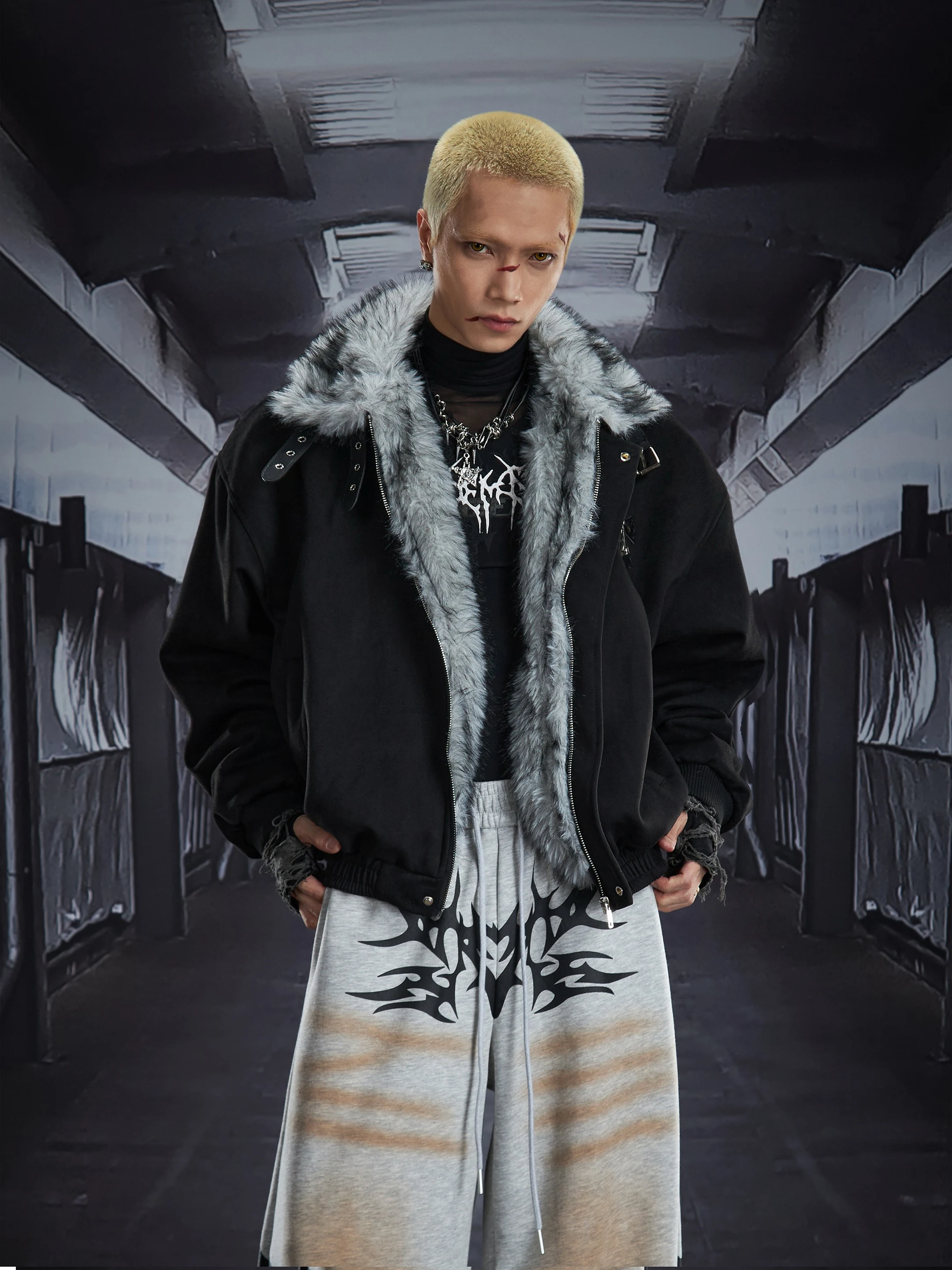 Dark Street Heavy Industry Short Stand Collar Lapel Belt Loose Thick Coat Jacket Cotton-Padded