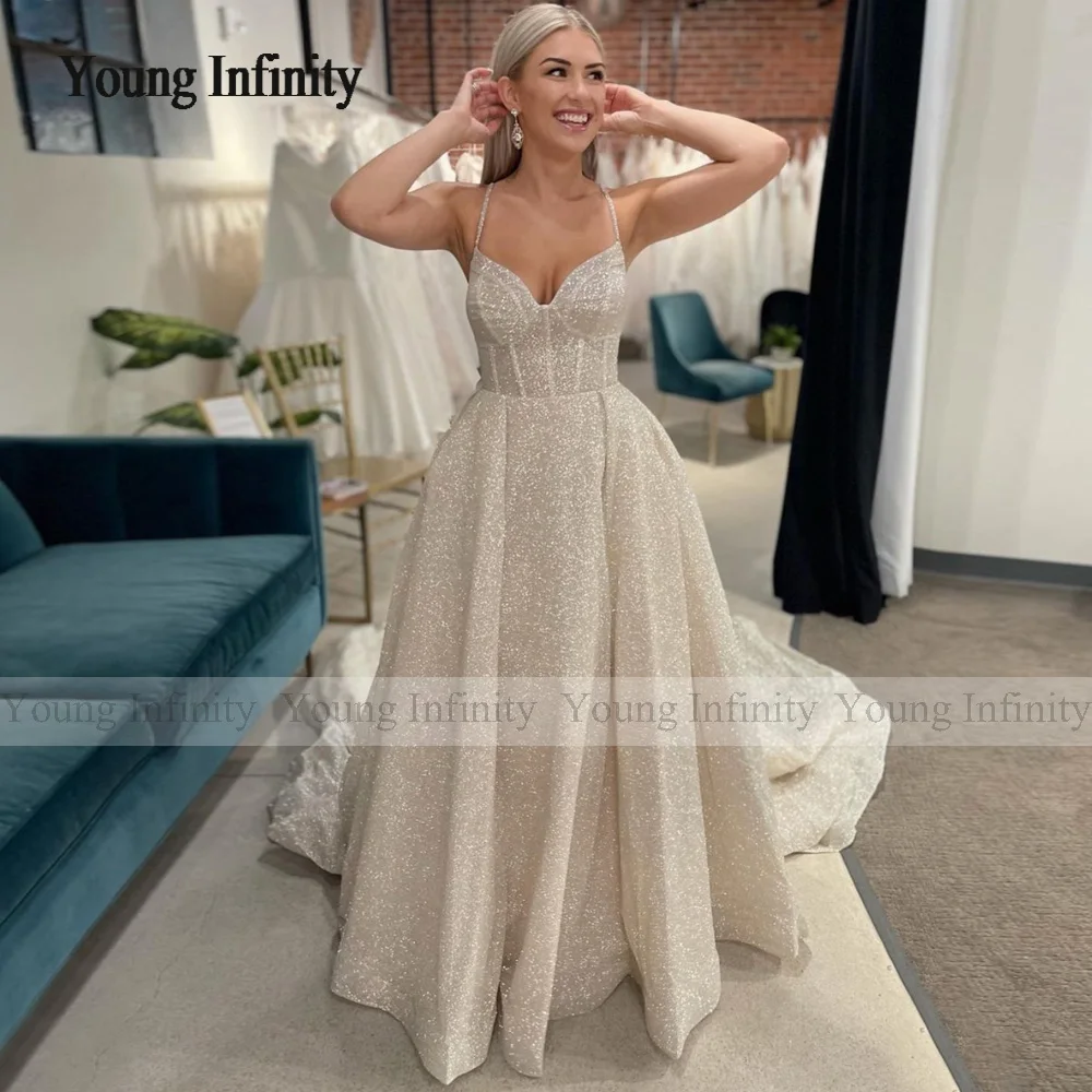 Vestido de novia de línea A brillante 2023, vestido de novia con cuello en V, Sexy, espagueti, Espalda descubierta, tren, largo, elegante, ropa Formal para novia