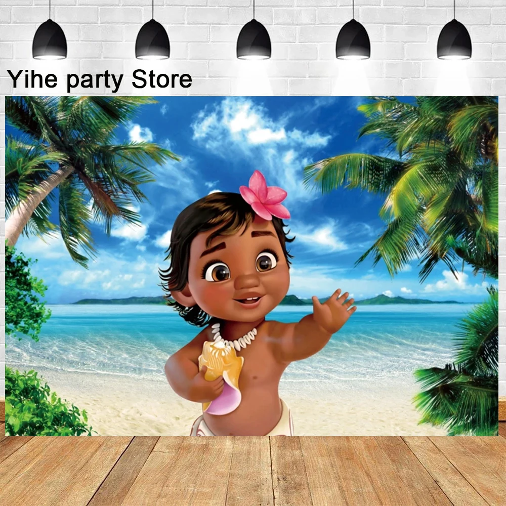 Baby Moana Theme Kids Birthday Party Summer Hawaiian Beach Palm Trees Blue Ocean Photo Background Kids Baby Shower Princess Prop