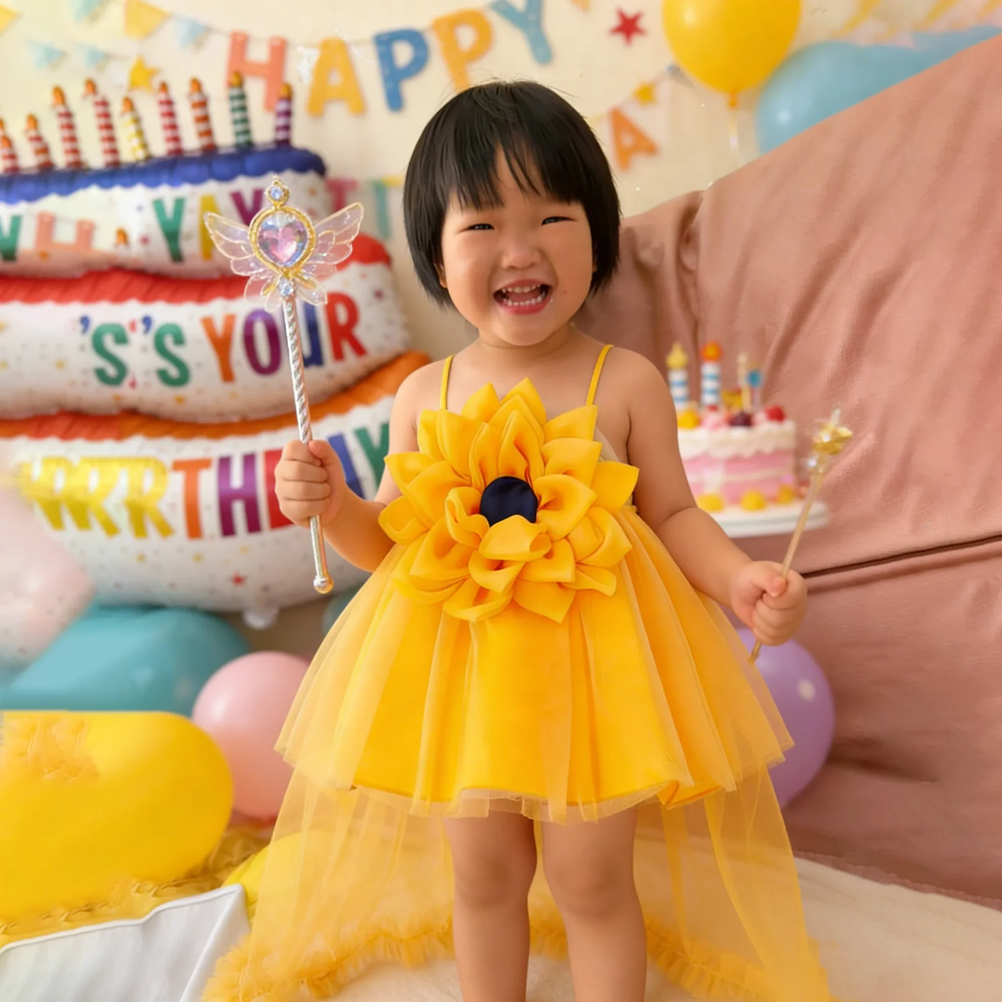 Toddler Flower Bridesmaids Party Baby Girls Dress Elegant Tailed Tulle 1st Birthday Princess Dresses Girl Gala Wedding Prom Gown