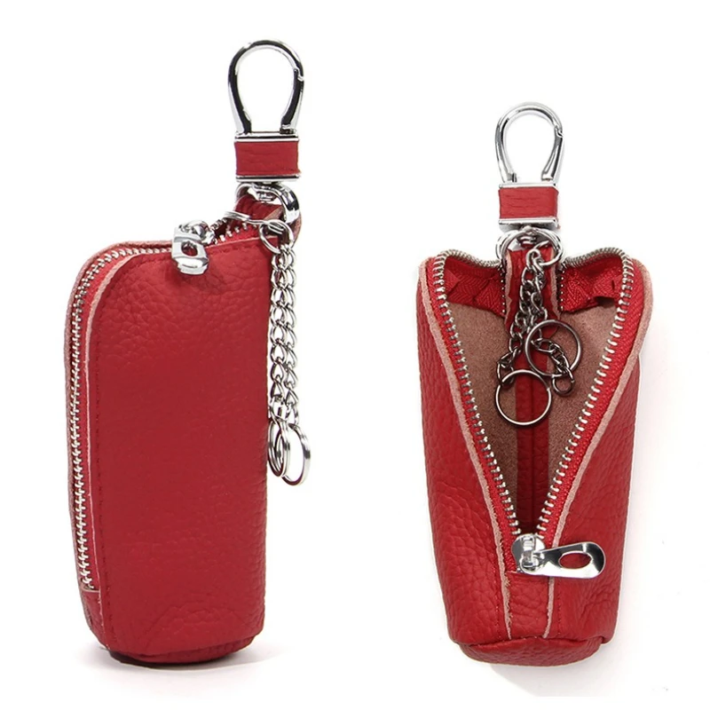 

Car Key Case Genuine Leather Remote Key Fob Cover Keychain Holder with Metal Hook Universal Vehicle Keyring Zipper Bag