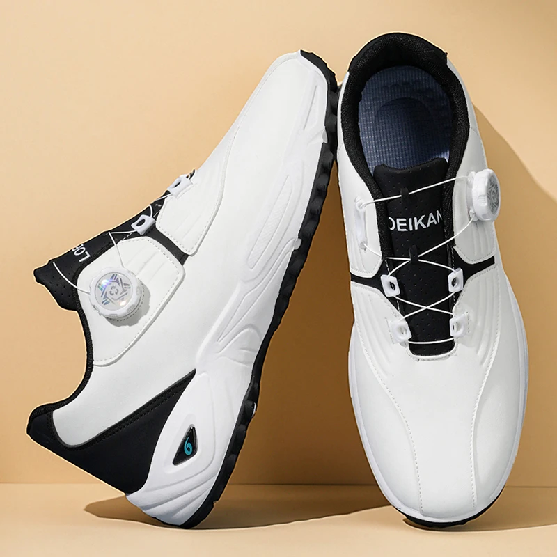 Men Rotary Buckle Golf Shoes Waterproof Leather Air Cushion Non Slip Breathable Training Sneakers 2 Colors - view 2