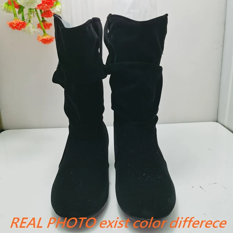 REAVE CAT Design Female Ankle Boots Flock Round Toe Wedges Slip On Pleated Size 45 46 47 48 Leisure Daily Booties Women