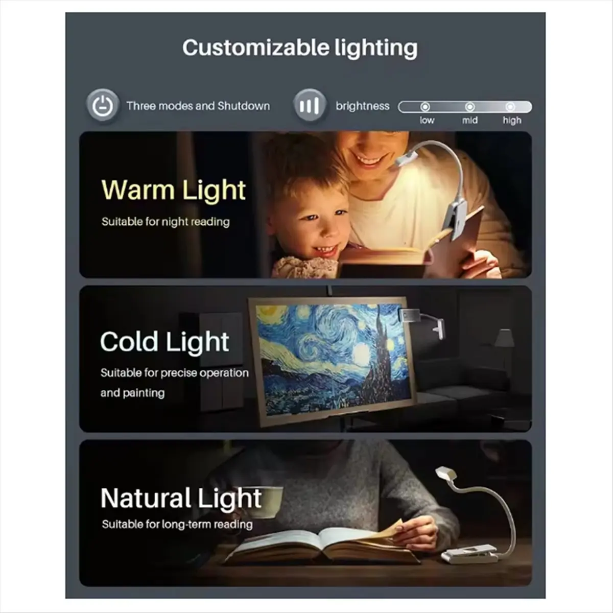 【Like】  Rechargeable Reading Light 3 Colors 3 Brightness Clip on Mini Book Light Small Read Night Lamp Study Reading Book Lamp