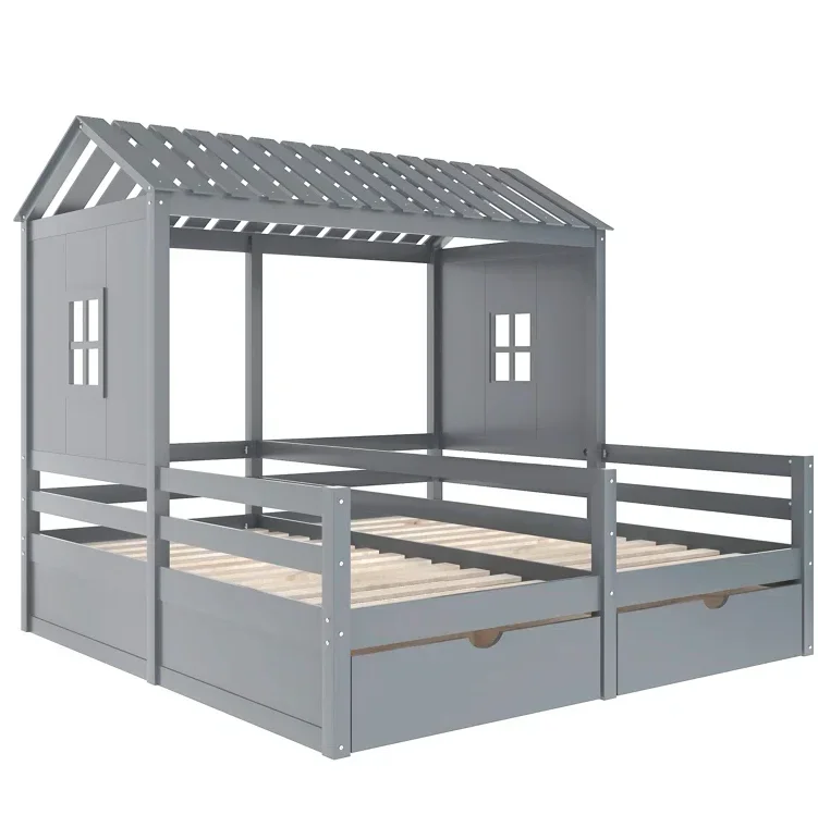 Twin Platforms Loft Bed with Built-in-Desk Gray or White Wooden Bunk Bed Children House Bed Bedroom Furniture