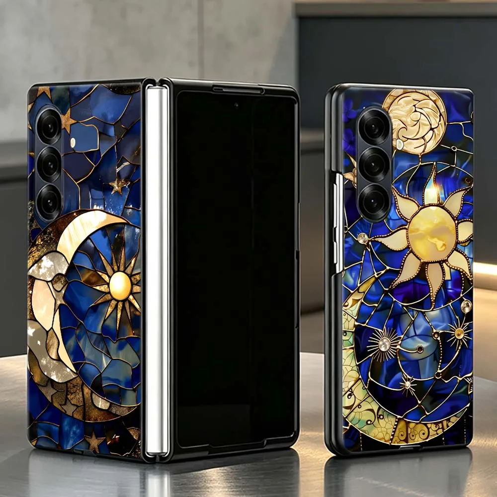 Stained Glass Sun Moon Style PC Foldable Hard Phone Case For Samsung Galaxy Z Fold 3 4 5 6 7 8 5G Non-slip Shockproof Black