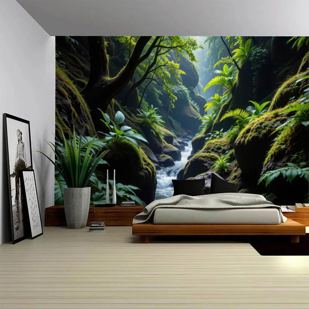 Natural Jungle Tapestry Green Tree Wall Hanging Psychedelic Landscape Bedroom Aesthetics Home Wall Decoration Plant Streams