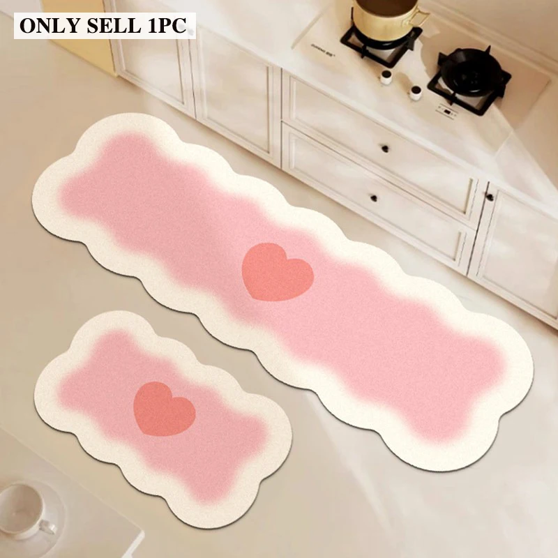 Kitchen Carpet Diatom Mud Absorbent Non-slip Floor Mat Minimalist Pink Heart Pattern Rug Long Size Home Decoration Rugs alfombra