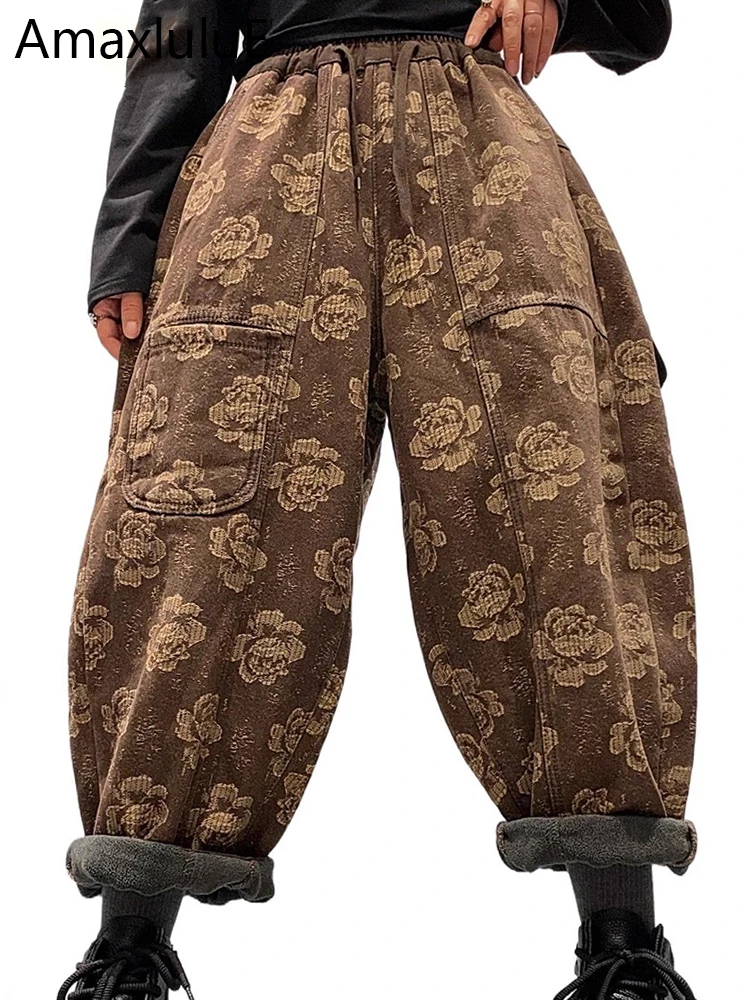 

Amax LuluE Winter Vintage Jeans Womens Fashion Floral Fur Denim Pants Ladies Casual Classic Printed Warm Thicken Harem Trousers