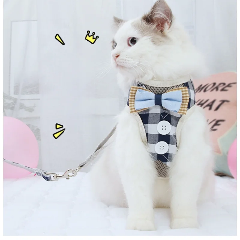 Dog Harness with Bow Plaid Cat Harness Adjustable Length Pet Harness with Dog Leash Four Colors Dog Harness and Leash Set