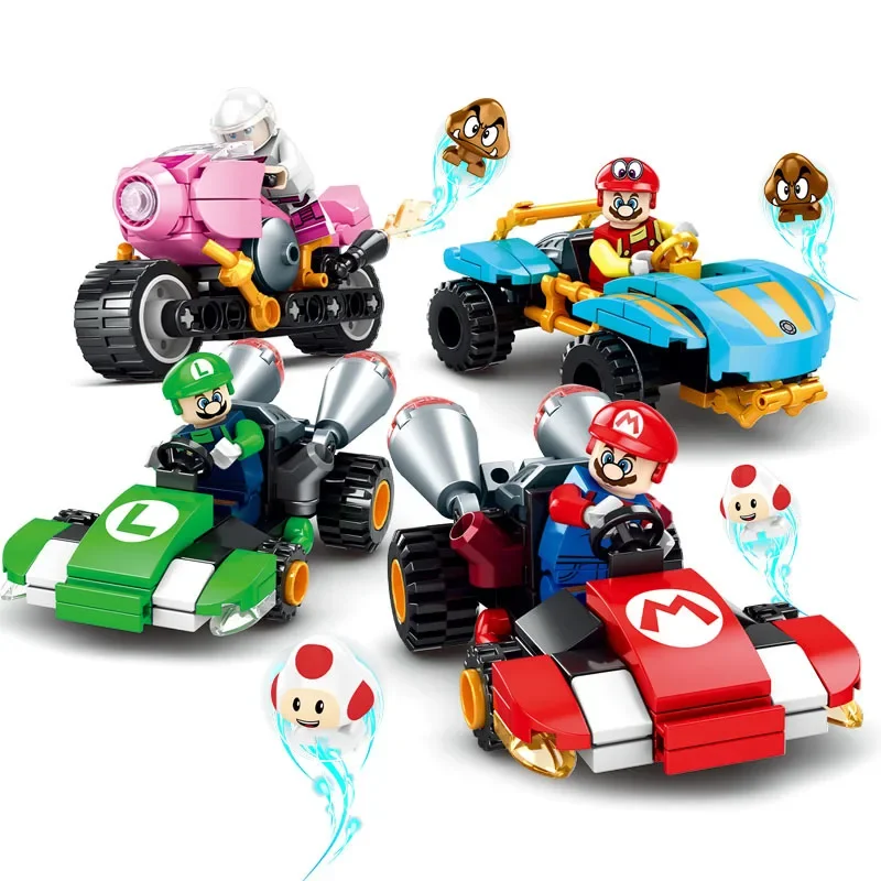 4 Styles Super Mario Bros Figure Block Karting Luigi Bowser Princess Peach Yoshi Toad Toys Pull Back Car Game Doll Birthday Gift
