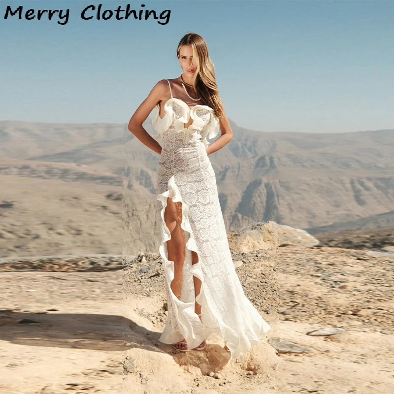 

Сексуальное прозрачное кружевное платье макси на тонких бретельках с v-образным вырезом и высоким разрезом халаты 2025 НОВЫЕ летние обтягивающие элегантные вечерние платья Пляжная одежда