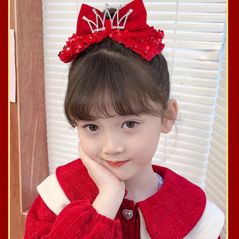 Princess Crown Children\'s Hair Clip Sequins New Year Red Big Bow Top Clip Girl\'s Birthday Headwear 3D Hair Clip