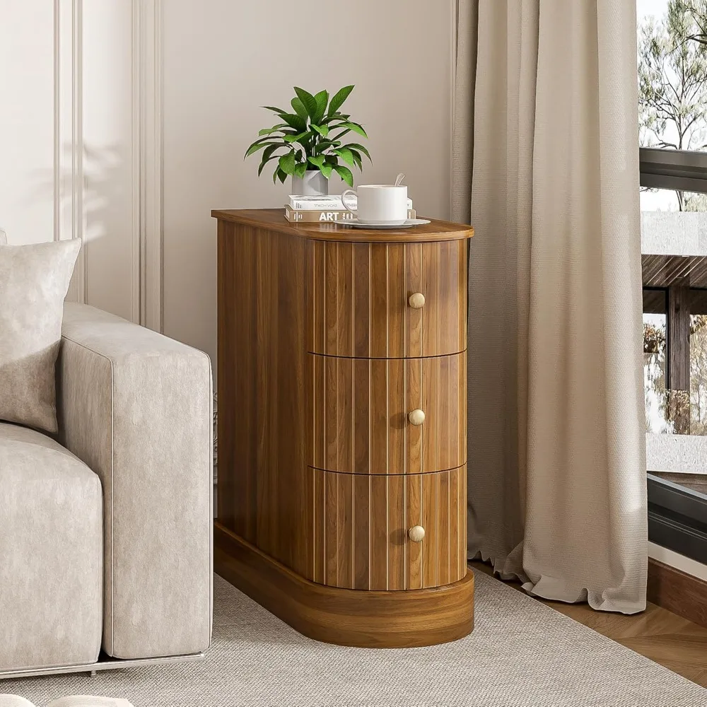 

End Table with 3 Drawers, Narrow Sofa Side Tables for Living Room, Slim Nightstand with Retro Metal Handle, Wooden Bedside Table