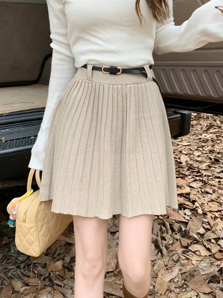 High Waist Pleated Skirt Autumn Winter New Fashion Knitted Skirts for Women Korean Preppy Style A-line with Belt Slim Mini Skirt