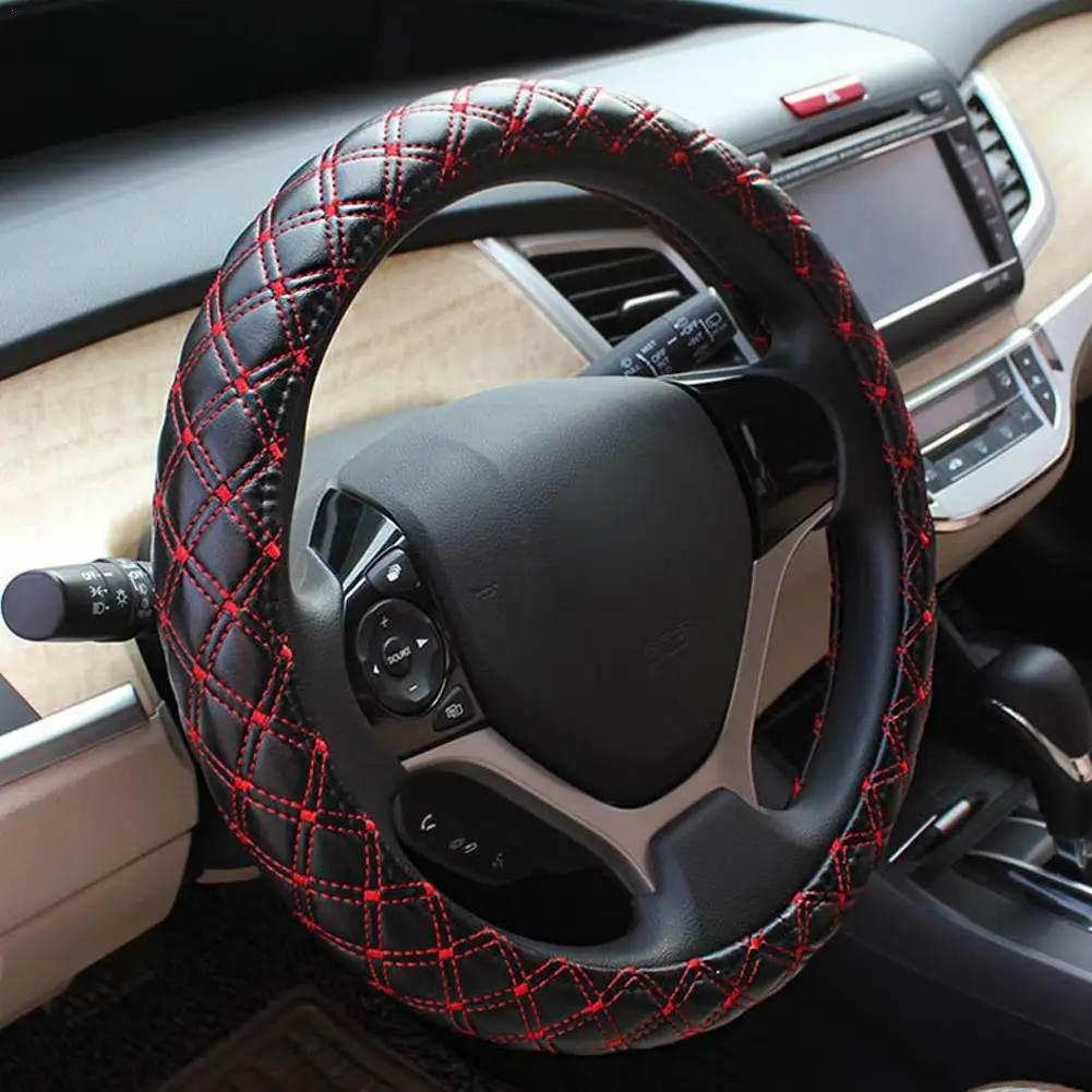 

Car Steering Wheel Cover Lingge Embroidery Artificial Leather Non-slip Soft Comfortable Universal Steering Wheel Protector